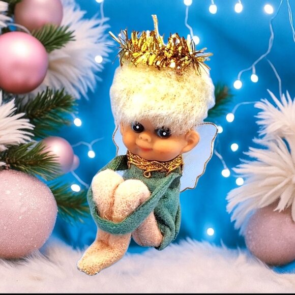 Vintage 1950s Napco Pixie Angel Knee Hugger Ornament Japan Green Felt Gold Halo - Picture 1 of 10
